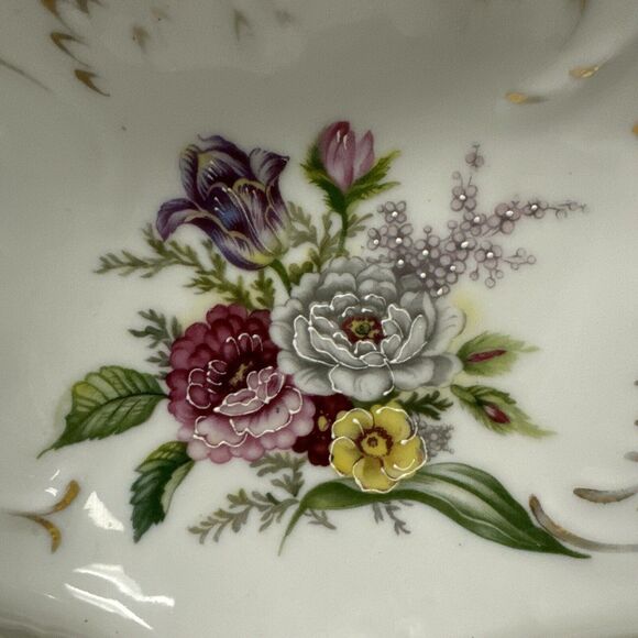Beckwith Porcelain Leaf Shaped 11” Candy Dish Purple Mauve Floral Gold Trim - Picture 3 of 9